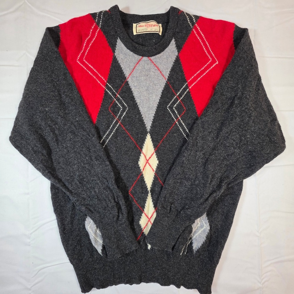 Vintage Alan Paine Lambswool Argyle Sweater Mens 42 Charcoal Red Made in England
